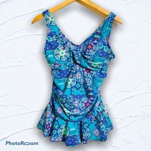 Vintage CALEB Blue Floral One Piece Swimsuit 10